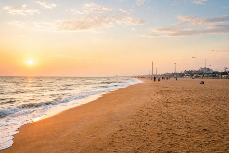 Editorial view of Marina Beach and the Bay of Bengal shoreline in Chennai